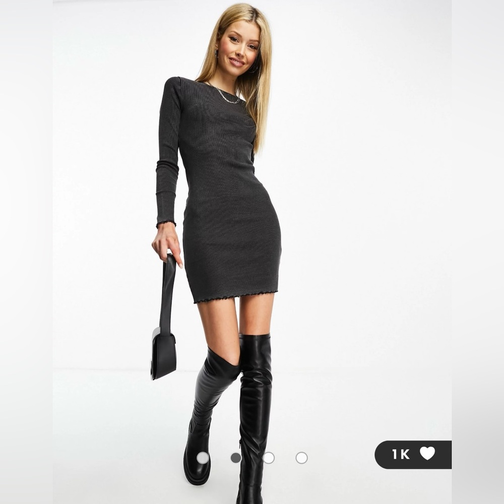 ASOS Miss Selfridge Crew Neck Acid Wash Mini Dress In Washed Black - Picture 1 of 9